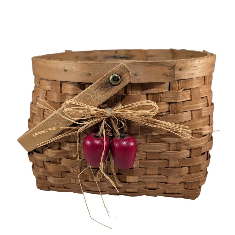 Hand Woven Wood Splint Basket with Swing Handle and Wooden Apple Accents
